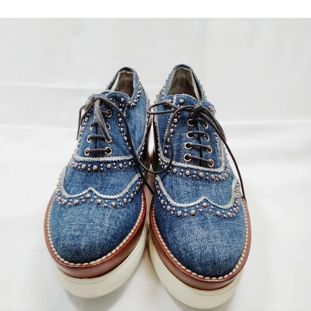 Miu Miu Denim Platform Studded Wingtip Oxfords Sneakers - Picture 2 of 8